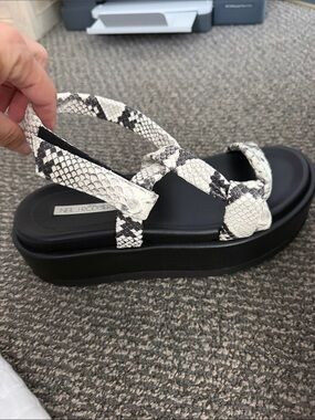 Platform Snake-Print Crisscross Sandal in Black and Cream
